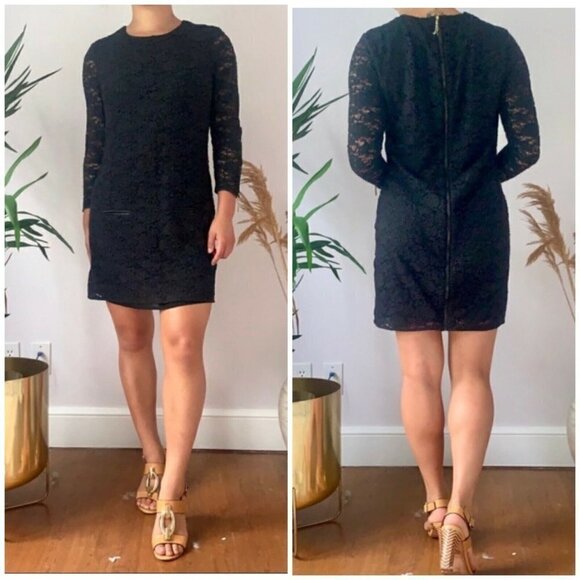 $298 Juicy Couture Sz XS Black Lace Mini Dress Faux Leather Trim Shift Sheath - Picture 9 of 12